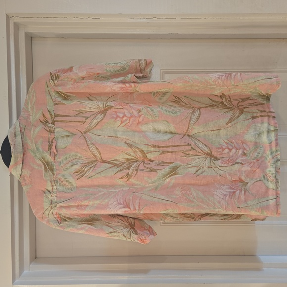 Linen Tropical Floral Short Sleeve Button Down Shirt Womens Large Pink Green - Picture 2 of 6